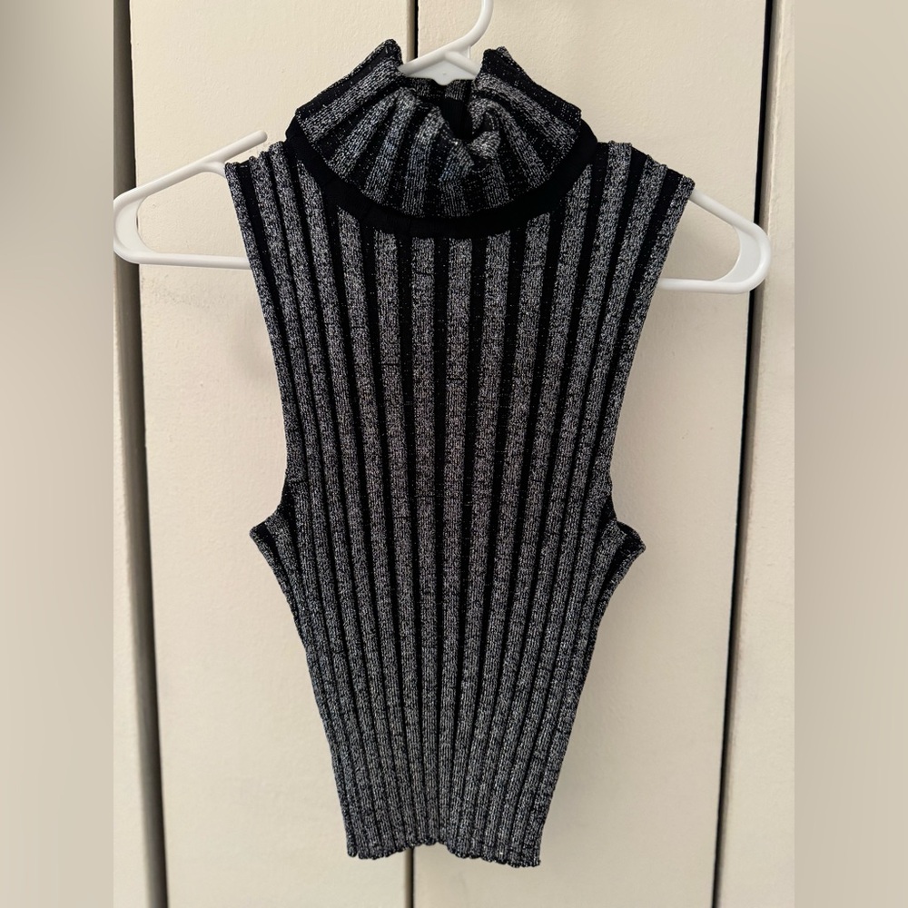 Cinq à Sept “Cielo” Metallic-Striped Turtleneck Tank Top — Like New (wore once)